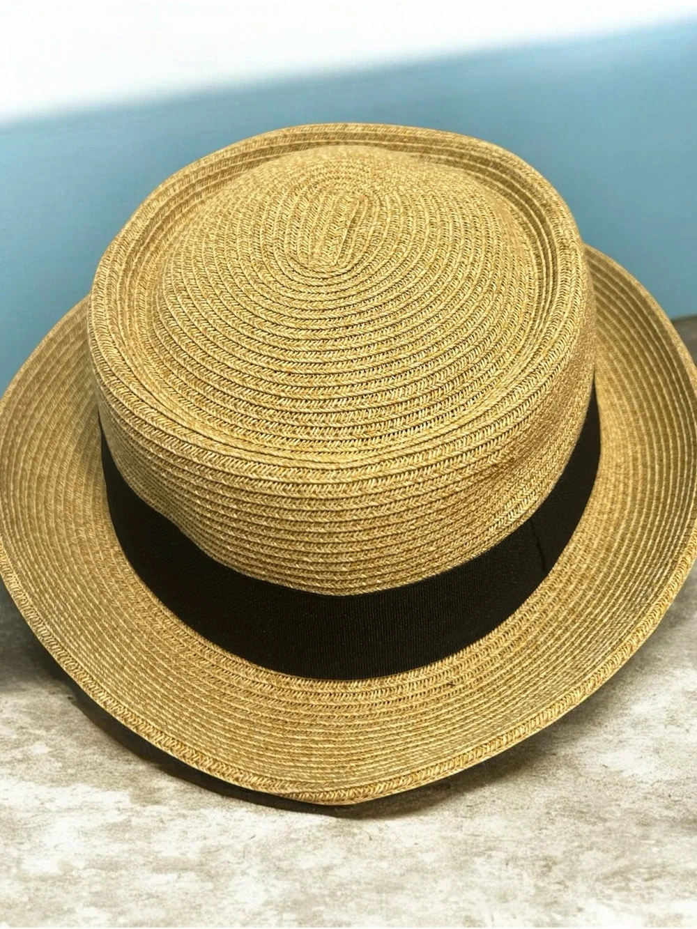 Women's Tan Straw Boater Hat with Black Band
